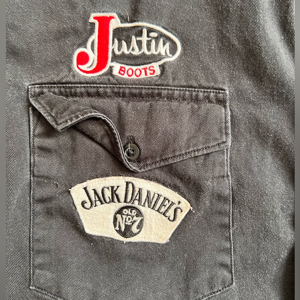 Vintage Wrangler Western Work Shirt Black Justin Boots Jack Daniels Logo Patch
